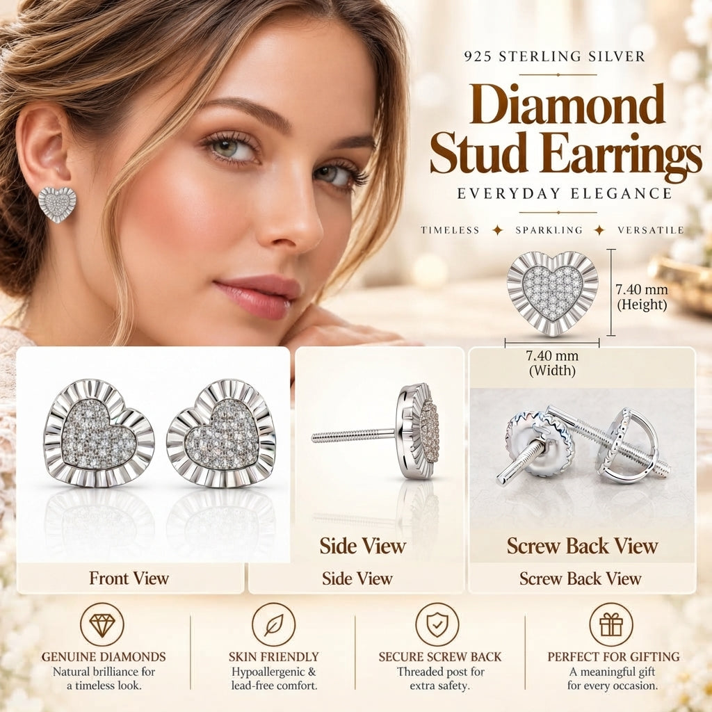 King Of Bling's Aretes Para Hombre Heart 925 White Silver 0.10ct Diamond Women & Men Earrings KING OF BLINGS
