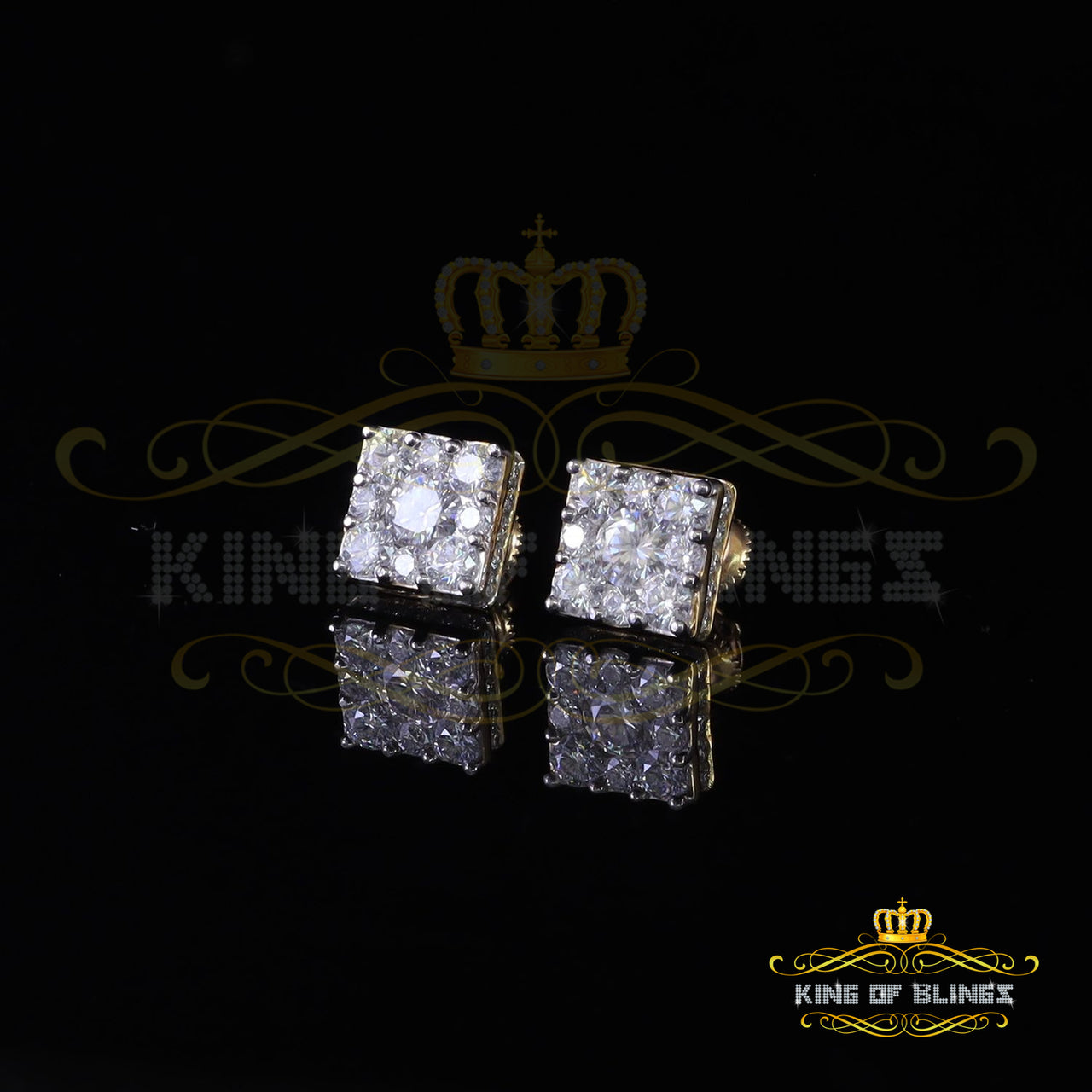 King Of Bling's Real Moissanite Square Earrings 10k Real Yellow Gold 4.50ct VVS 'D' Color