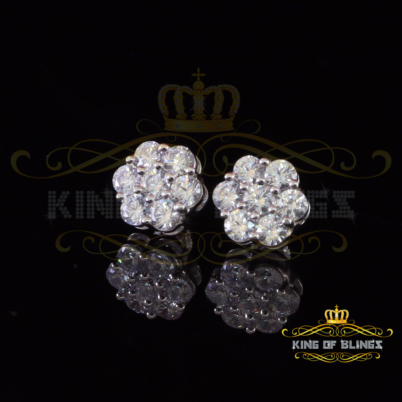 King of Bling's Cubic Zirconia 925 White 4.34ct Sterling Silver Women's Hip Hop Floral Earrings