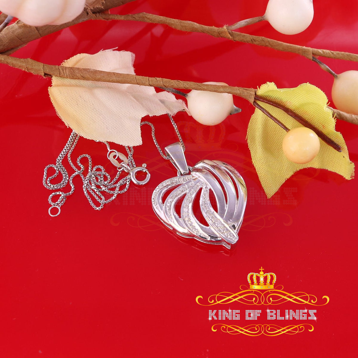 King Of Bling's Real 0.12CT Diamond HEART in 925 Sterling Silver White Charm Necklace Pendant KING OF BLINGS