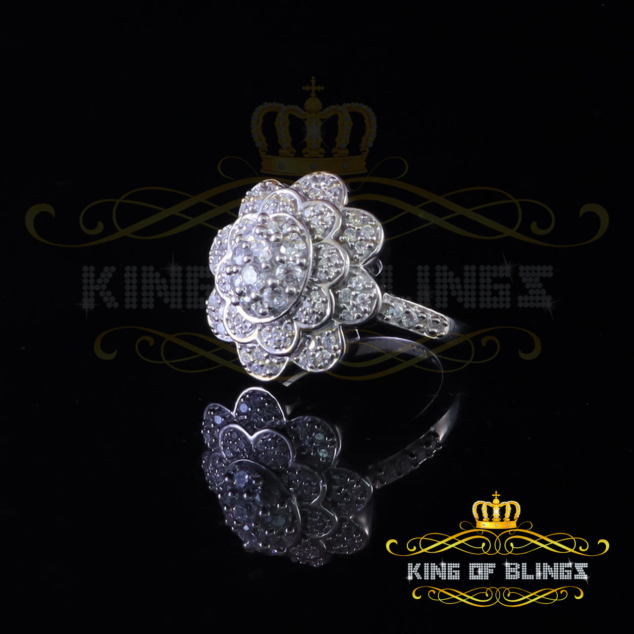 King Of Bling's925 Sterling Silver White 2.10ct Cubic ZirconiaWide Flower Womens Ring Size7.5