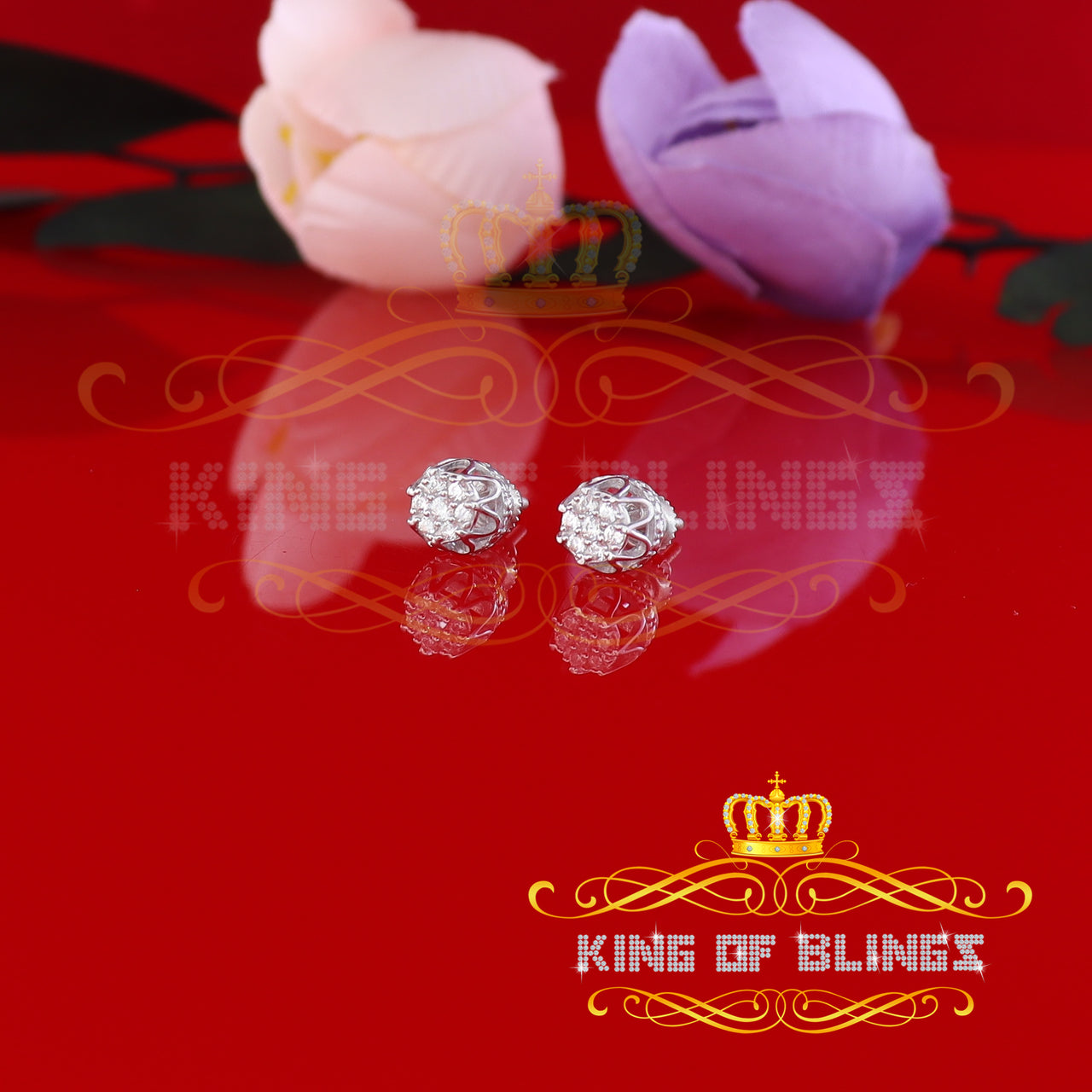 King of Blings- 925 White Silver Sterling 0.36ct Cubic Zirconia Hip Hop Floral Women's Earrings KING OF BLINGS