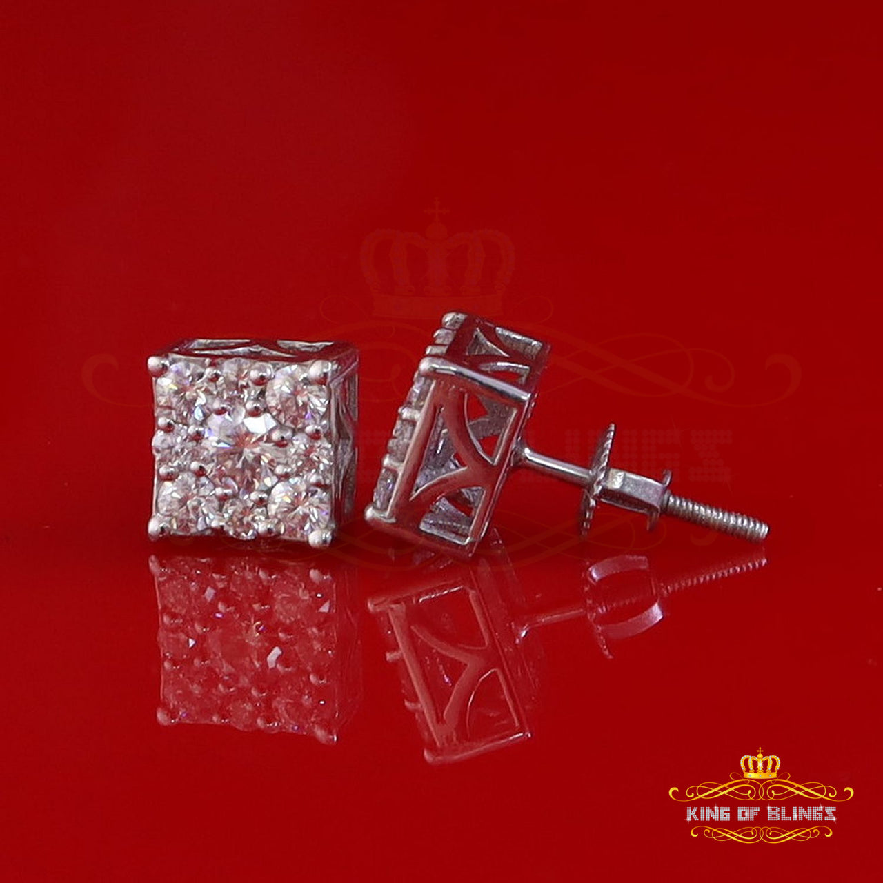 King of Bling's Men's/Women's Solitaire square Earrings 1.00ct Moissanite 925 Silver White