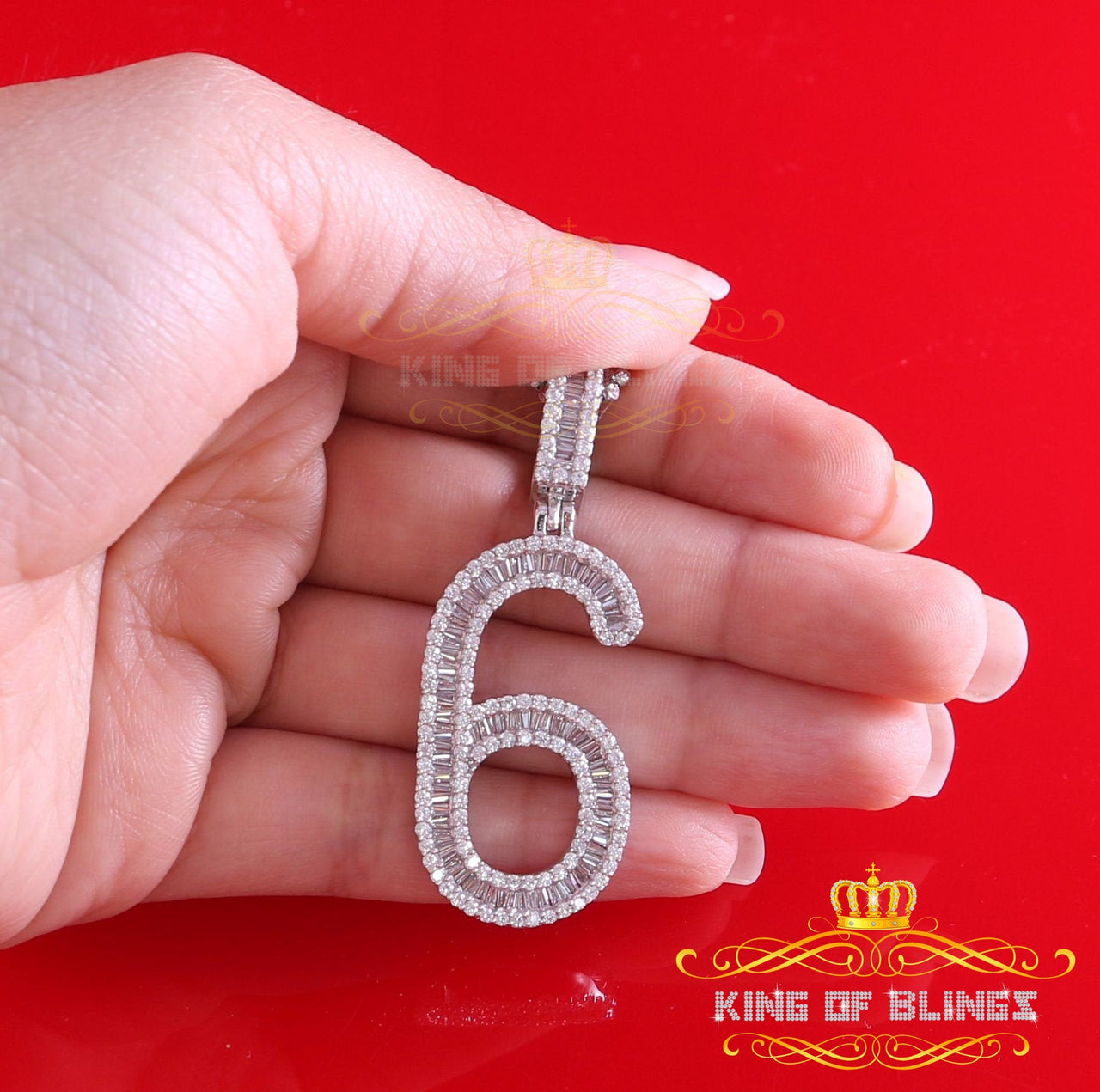 White Sterling Silver Baguette Numerical Number '6' with 4.86ct Cubic Zirconia KING OF BLINGS