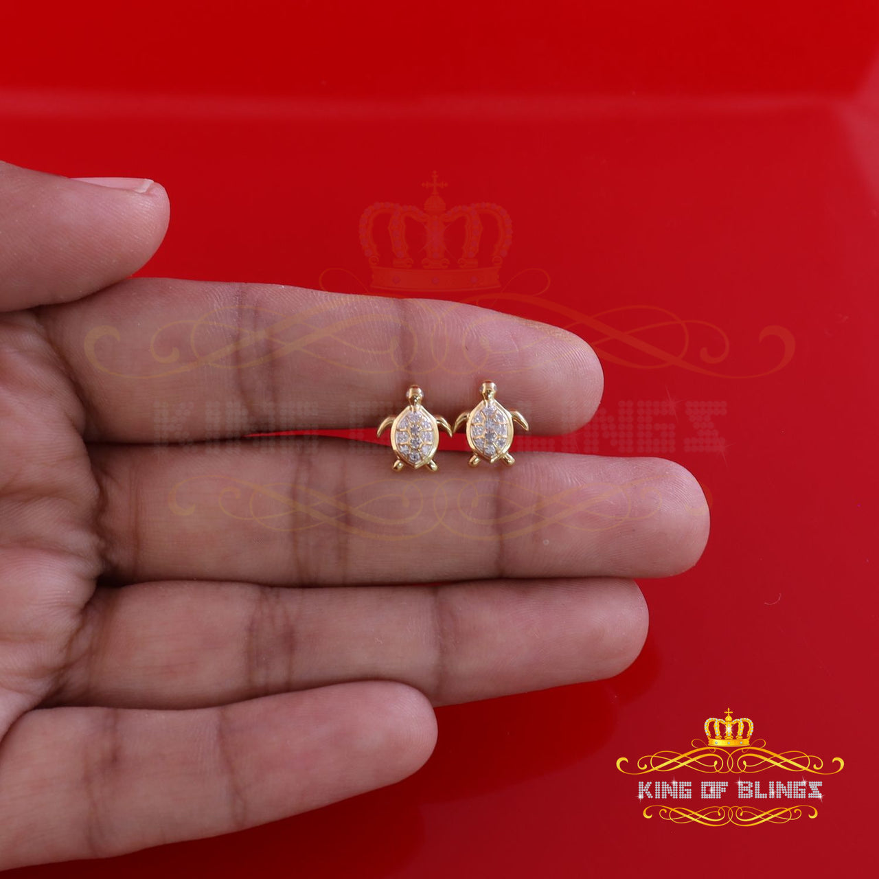 King of Blings-925 Sterling Yellow Silver 0.10ct Diamond Turtle Earrings For Women's & Men's