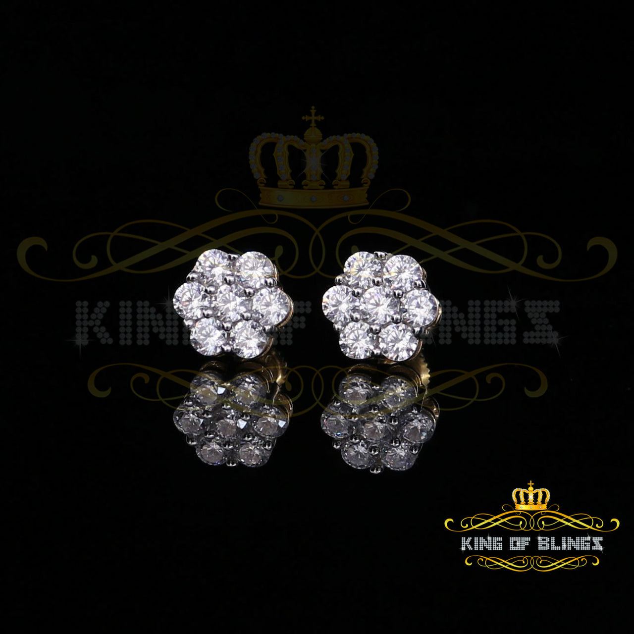 King of Bling's 2.66ct Cubic Zirconia 925 Yellow Silver Women's & Men's Hip Hop Floral Earrings
