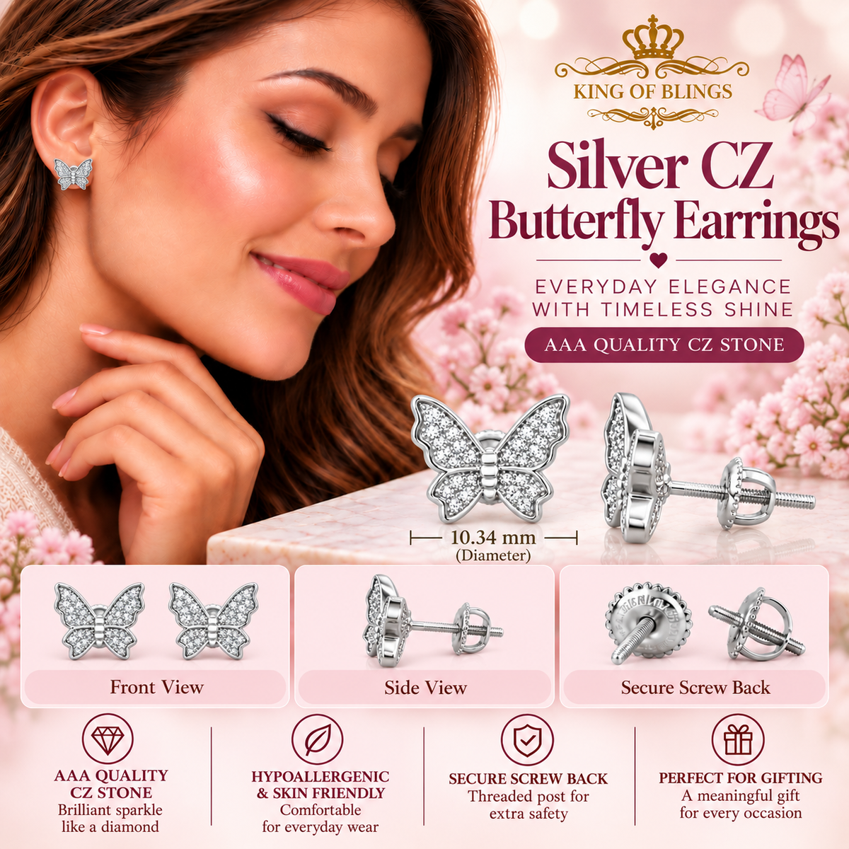 King of Bling's Women's 0.34ct Cubic Zirconia Butterfly Stud Earrings White 925 Sterling Silver KING OF BLINGS