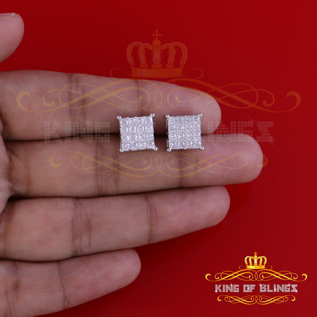 King of Bling's 925 White Silver 2.88ct Cubic Zirconia Women's & Men's Hip Hop Square Earrings