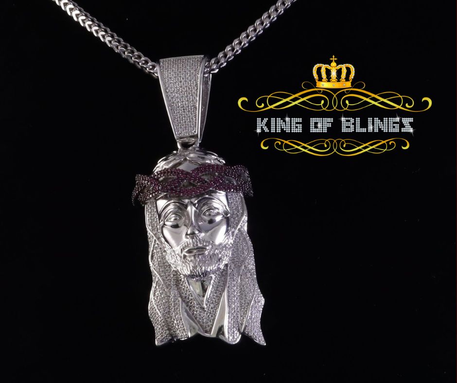 King Of Bling's Silver with Pink Jesus Head Shape Pendant 4.98ct Cubic Zirconia KING OF BLINGS