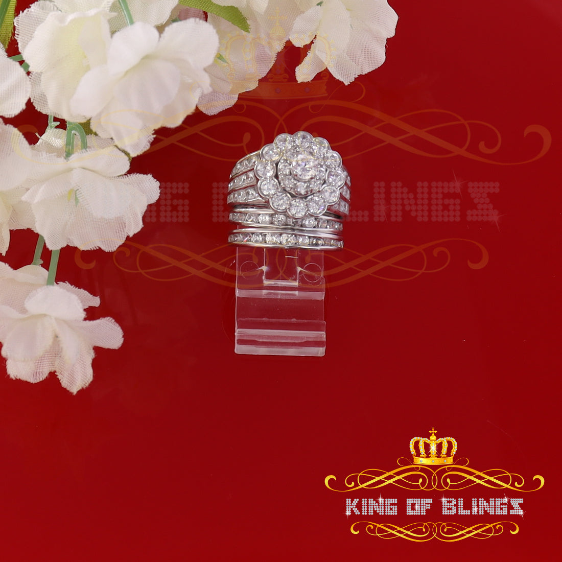 King Of Bling'sWhite Silver Round 7.50ct CZ Flower 7 stone Double Bridal Womens Ring Size 7 KING OF BLINGS