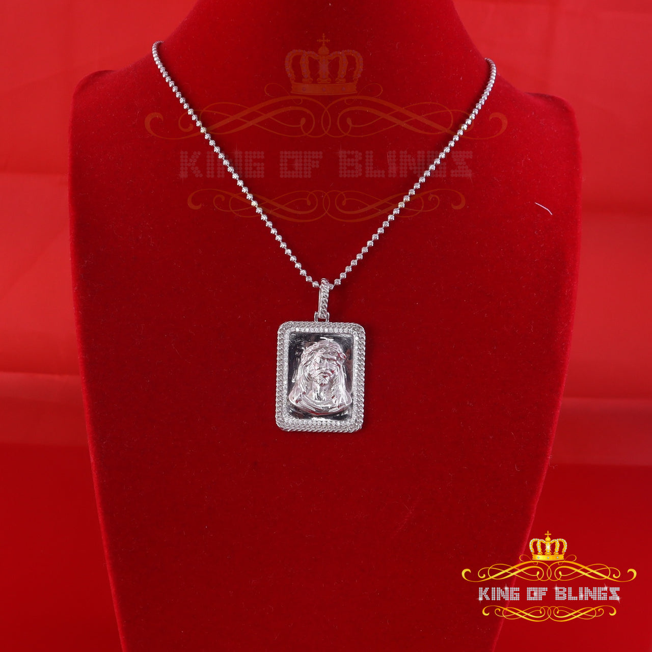 King Of Bling's Men's Square JESUS White 925 Sterling Silver 0.66ct CZ '1.00'inch 3D Pendant KING OF BLINGS