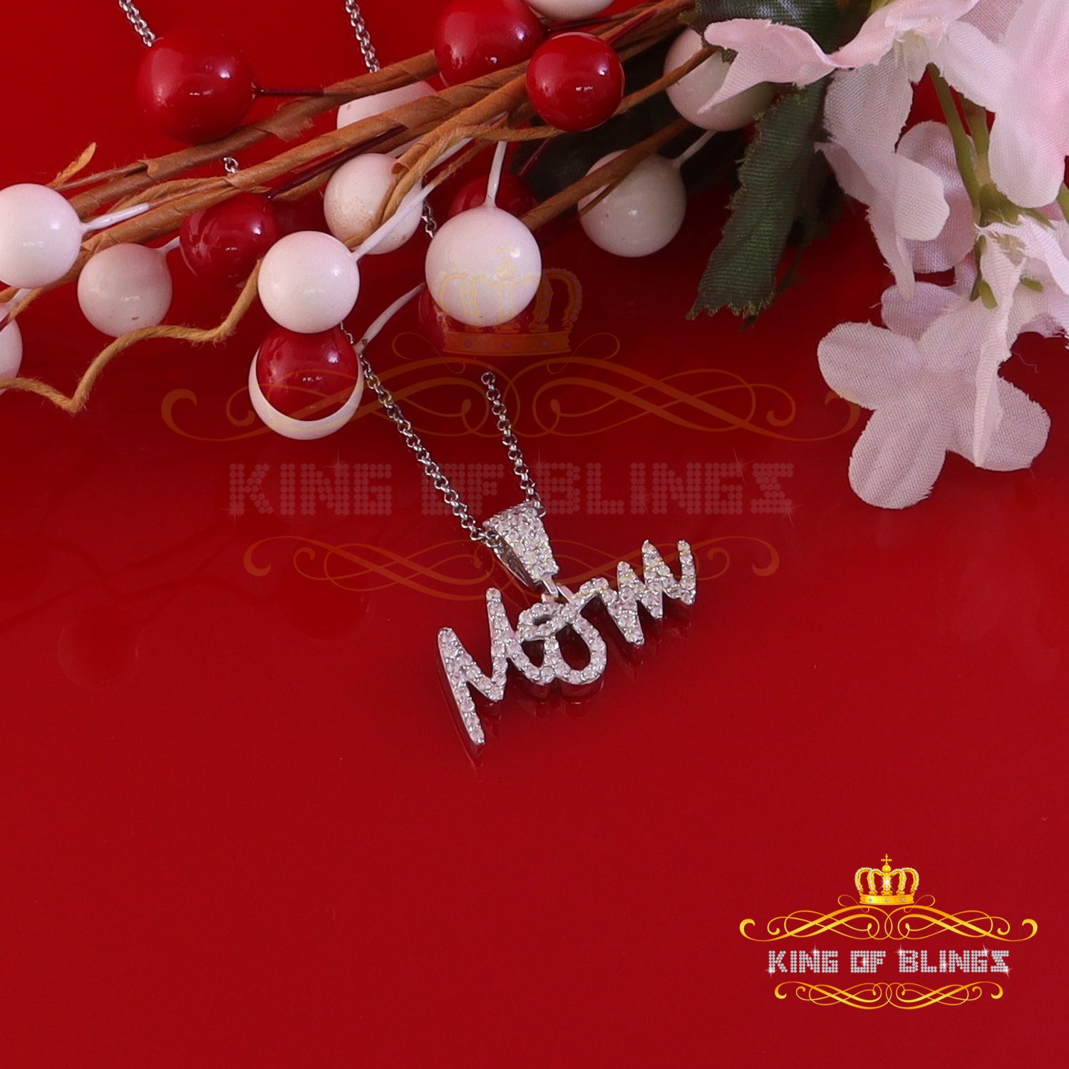 King Of Bling's Beautiful MOM Letter Pendant with 0.90ct Cubic Zirconia White Sterling Silver KING OF BLINGS