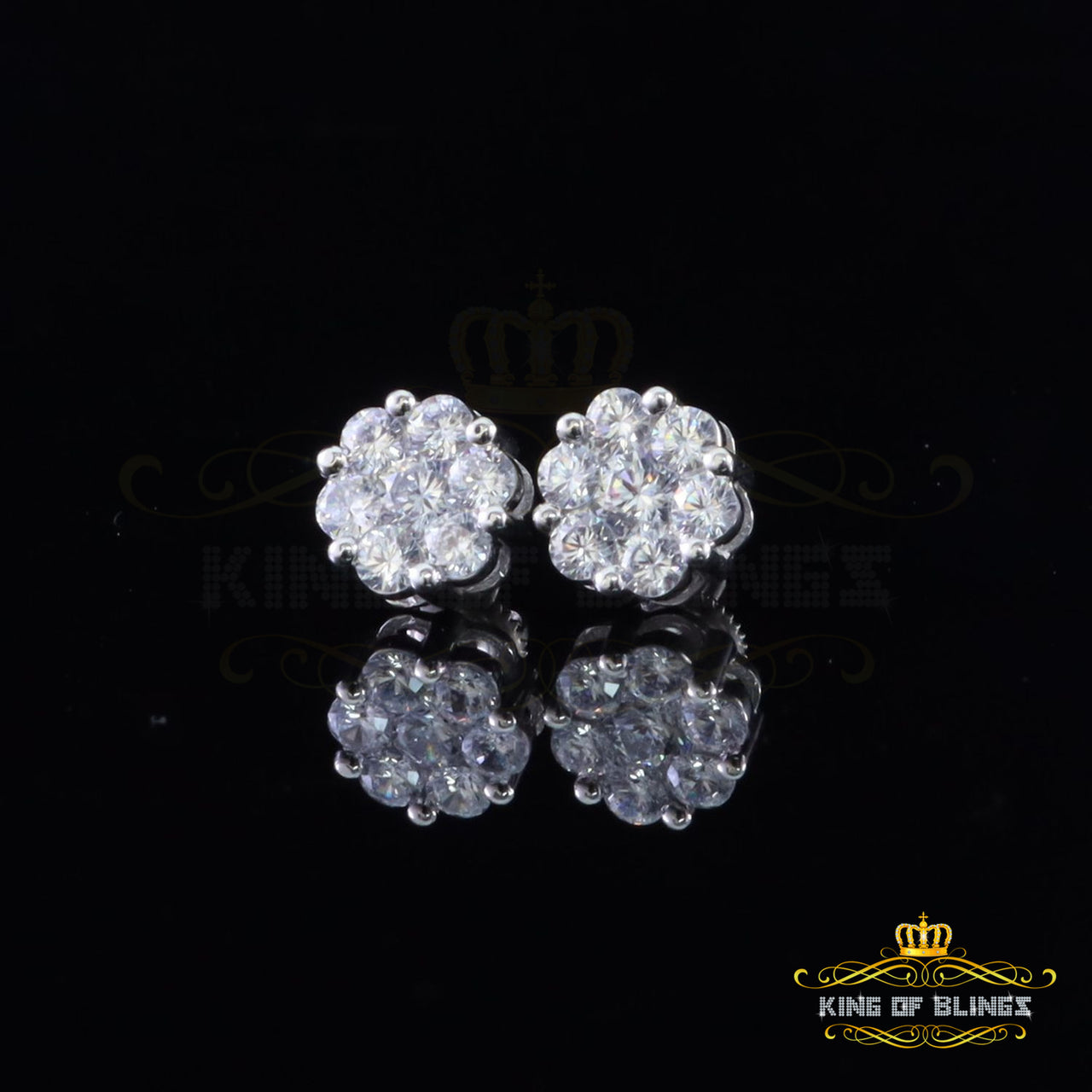 King of Bling's 925 White Silver Sterling 1.46ct Cubic Zirconia Hip Hop Floral Women's Earrings