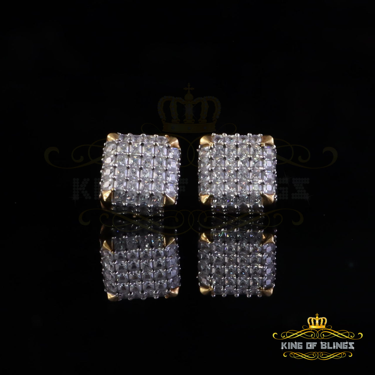 King of Bling's 1.95ct Cubic Zirconia 925 Yellow Silver Women & Men Hip Hop Square Earrings