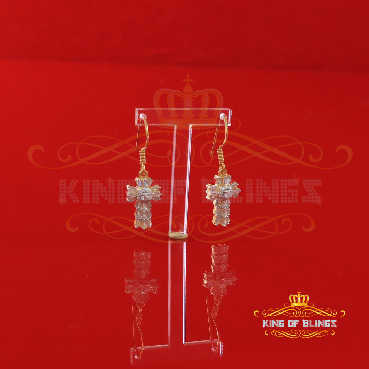 King  of Bling's 1.00ct Moissanite Yellow 925 Silver Women's Dangling Cross Fish Hook Earrings