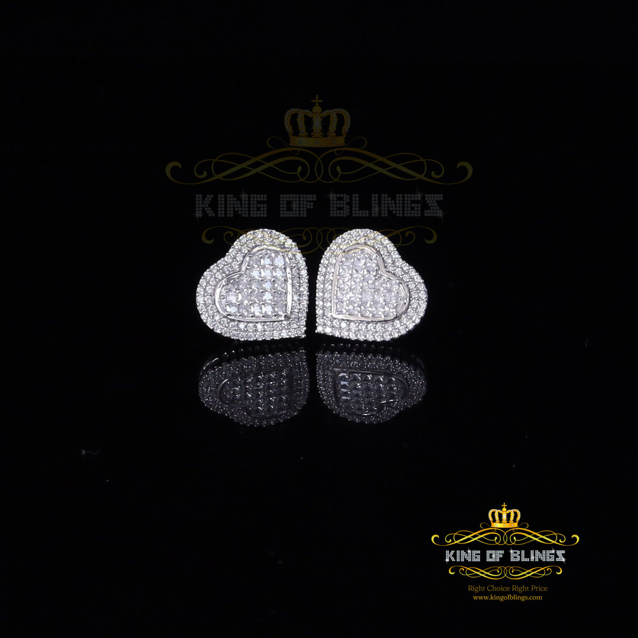 King of Blings- HIp Hop 925 White Sterling Silver 1.44ct Cubic Zirconia Heart Women's Earrings KING OF BLINGS