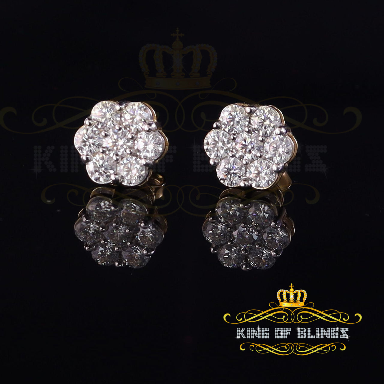 King Of Bling's Real Moissanite Vvs 'D' Color 2.0ct 10k Real Yellow Gold Stud FLORAL Earrings