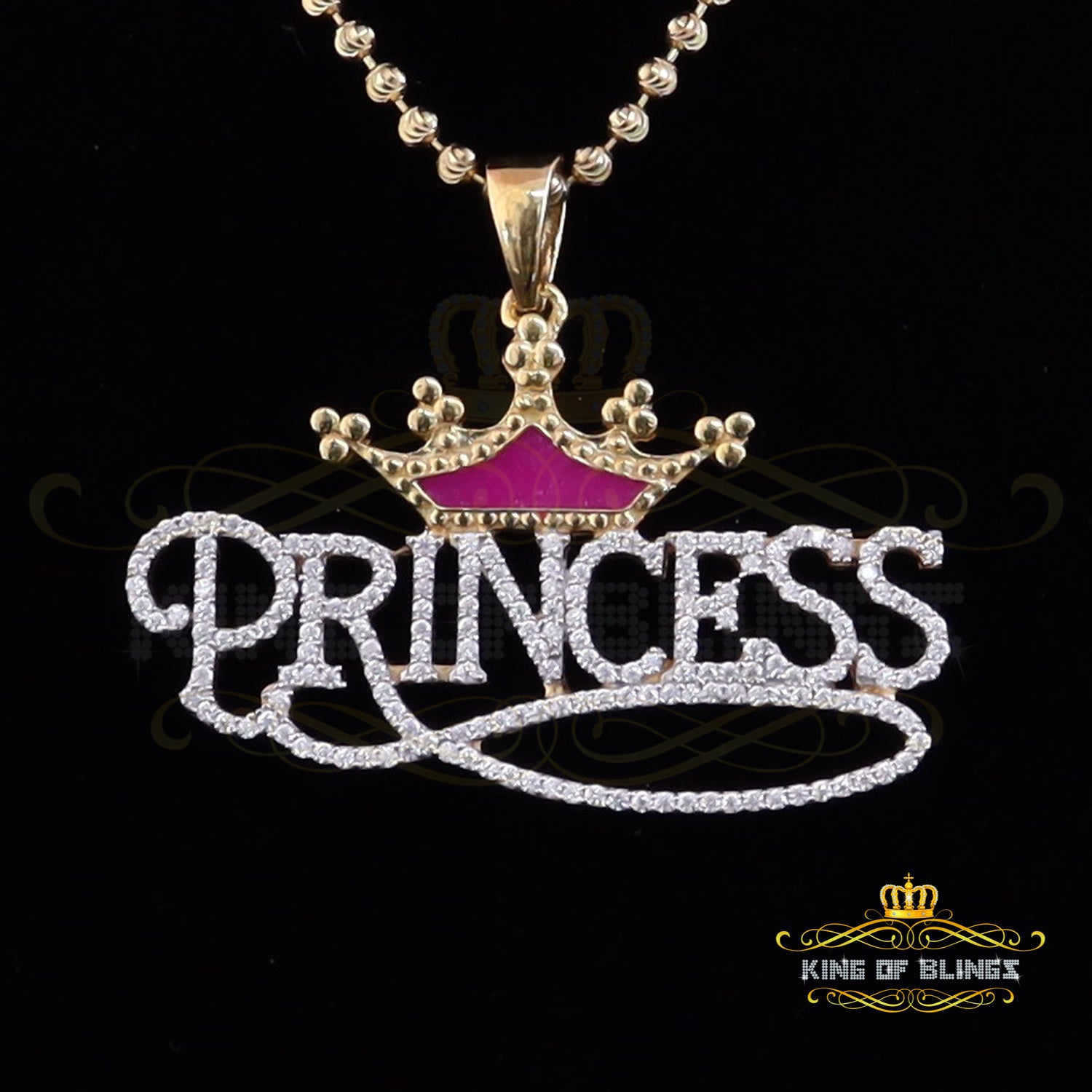 King Of Bling's 3ct Real Moissanite 925 Silver "PRINCESS" with Pink Enamel CROWN Yellow Pendant KING OF BLINGS