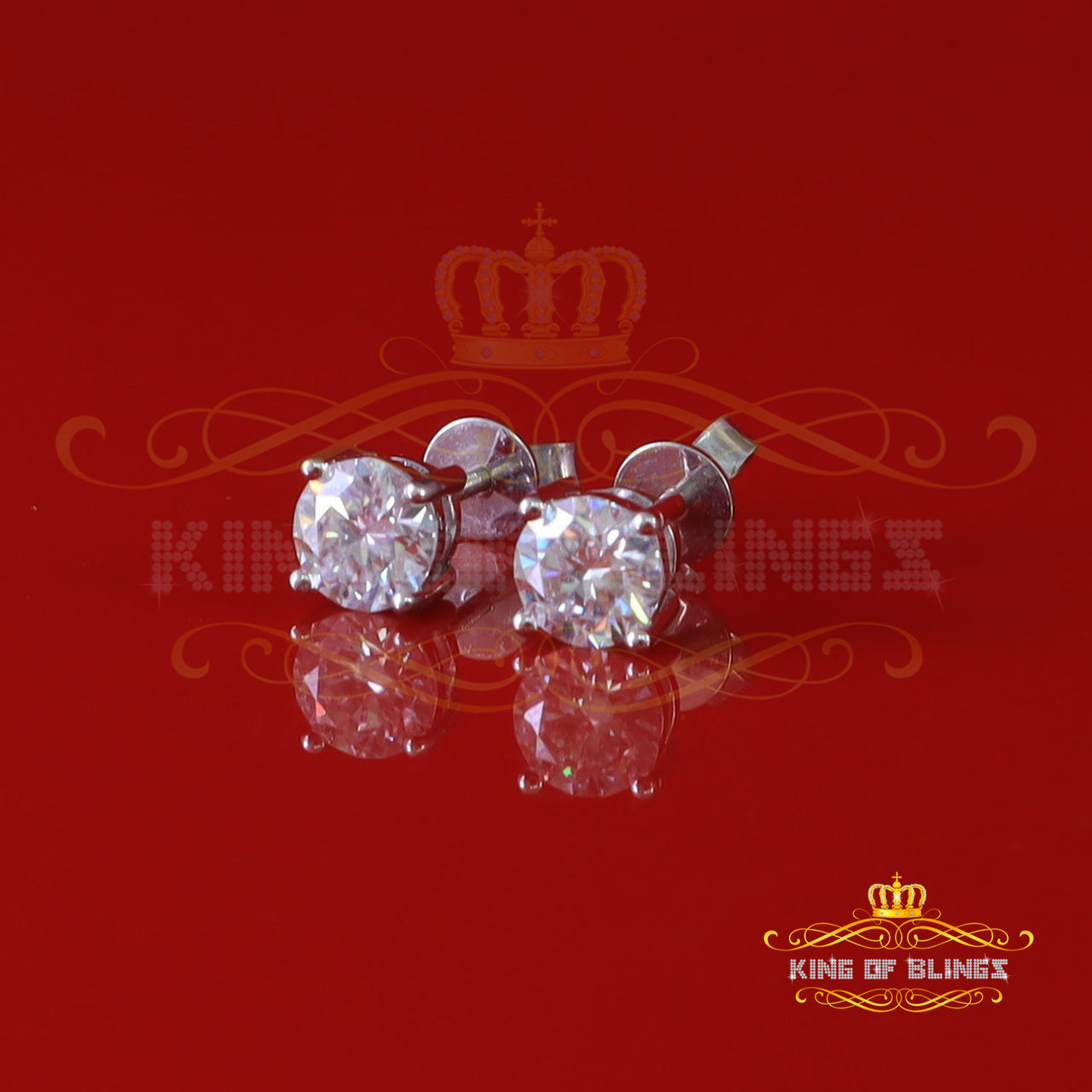 King Of Bling's 10K Real White Gold with 2.00ct Round VVS 'D' Color Moissanite Stud Earrings