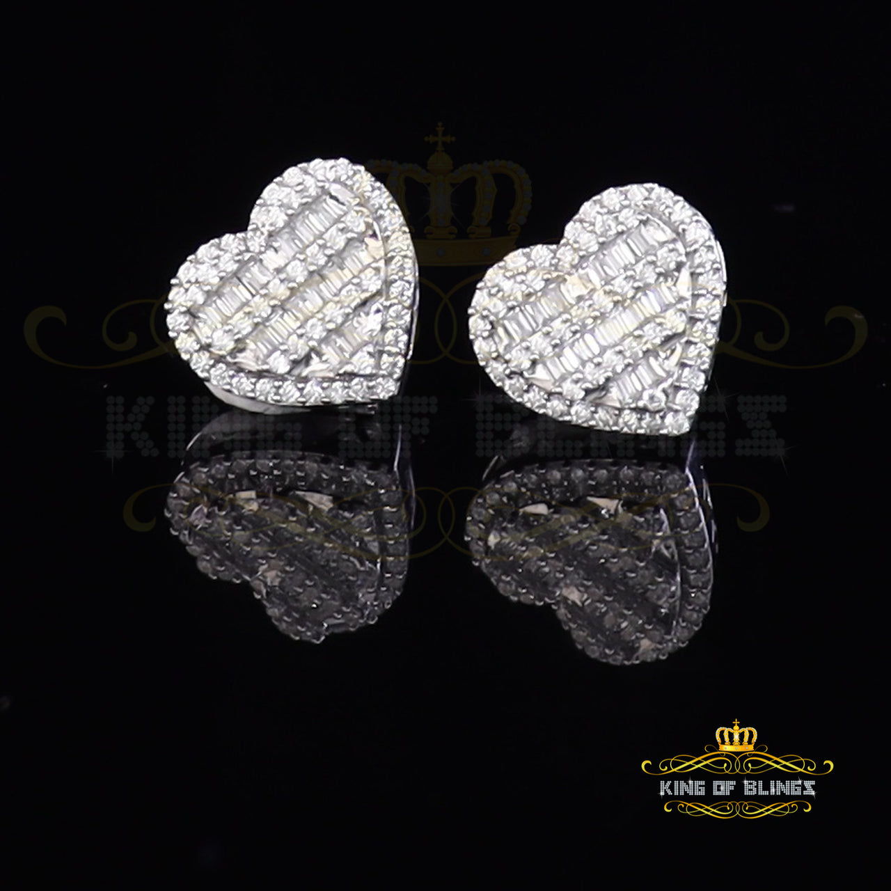 King of Blings- 925 White Sterling Silver 1.48ct Cubic Zirconia Men's & Women's Heart Earrings KING OF BLINGS
