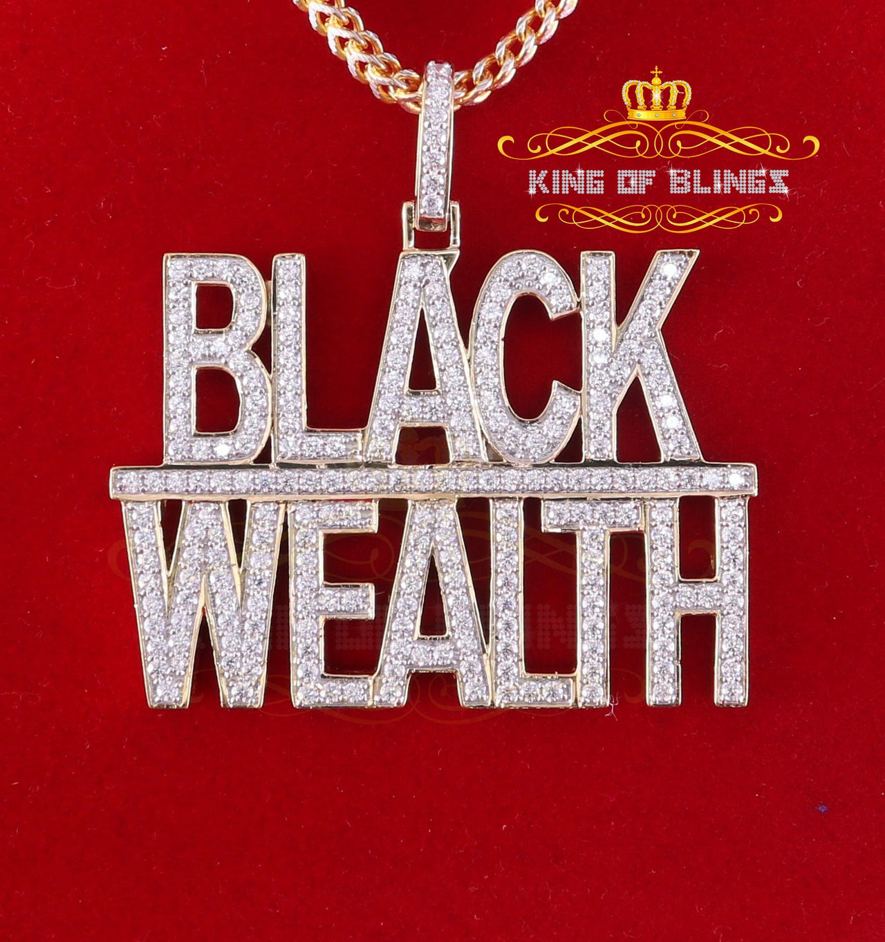 King Of Bling's Promise Yellow Sterling Silver BLACK WEALTH Sign Pendant 9.30ct Cubic Zirconia