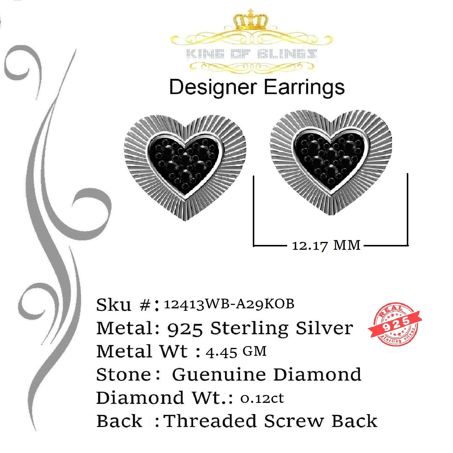 King of Blings- Aretes Para Hombre Heart 925 White Silver 0.12ct Black Diamond Ladies Earrings KING OF BLINGS