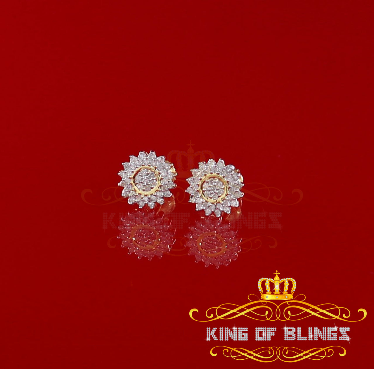 King Of Bling's 10K Real Yellow Gold with 0.35CT Real Diamond Men's/Women's Stud Floral Earrings