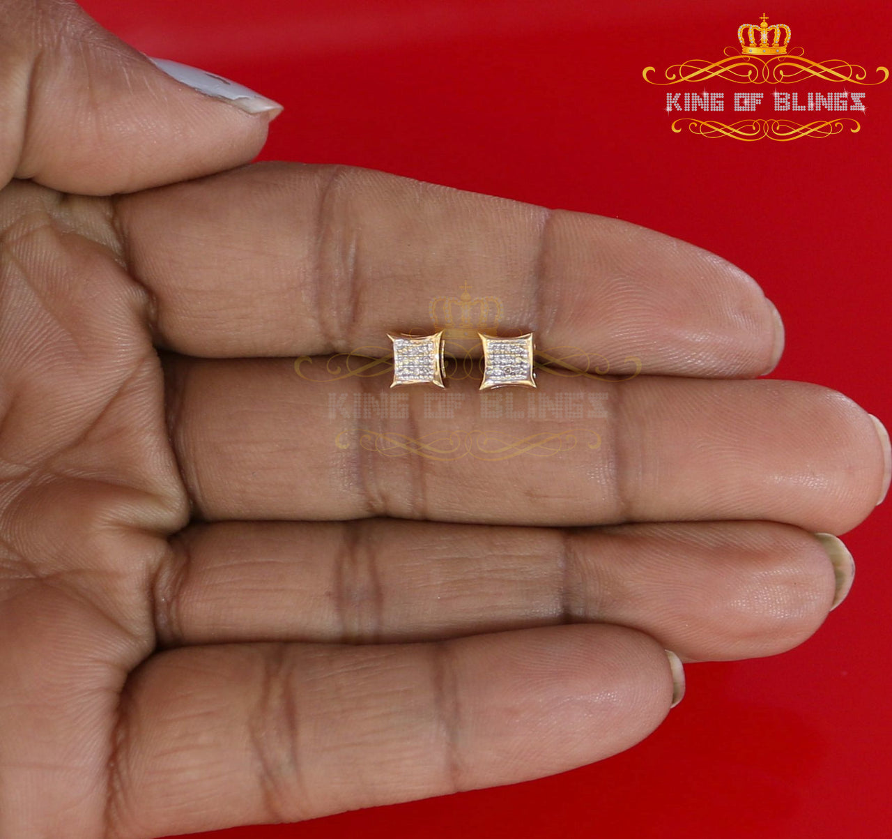 King Of Bling's 10K Real Yellow Gold with 0.05ct Real Diamond Square Stud Earring for Men/Women