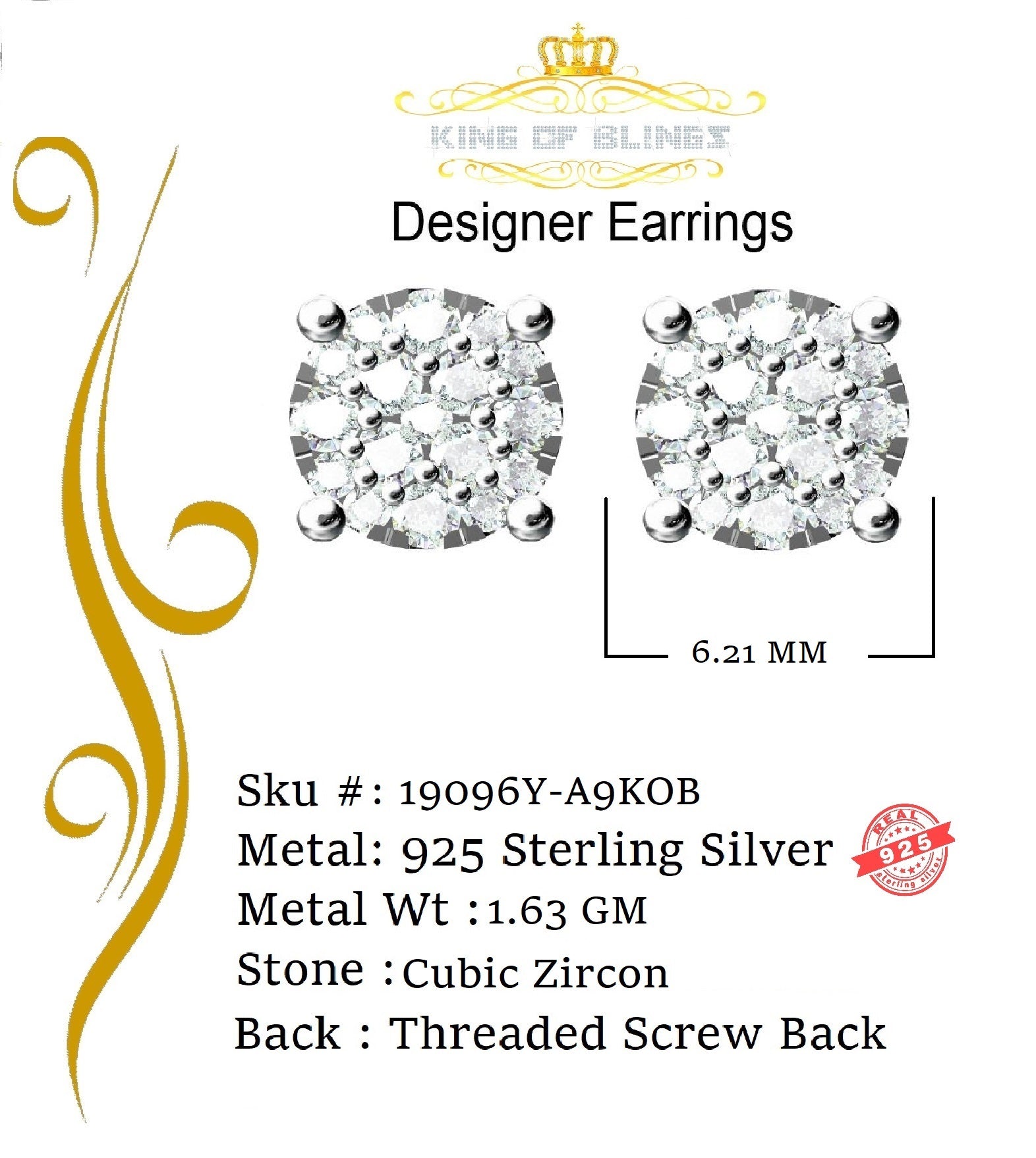 King of Bling's Aretes Para Hombre 925 Yellow Silver 0.84ct Cubic Zirconia Round Women's Earring KING OF BLINGS