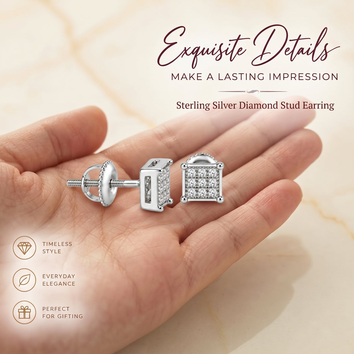 King Of Bling's 925 Sterling Silver 0.05ct Small Diamond Women's & Men's White Square Earring KING OF BLINGS